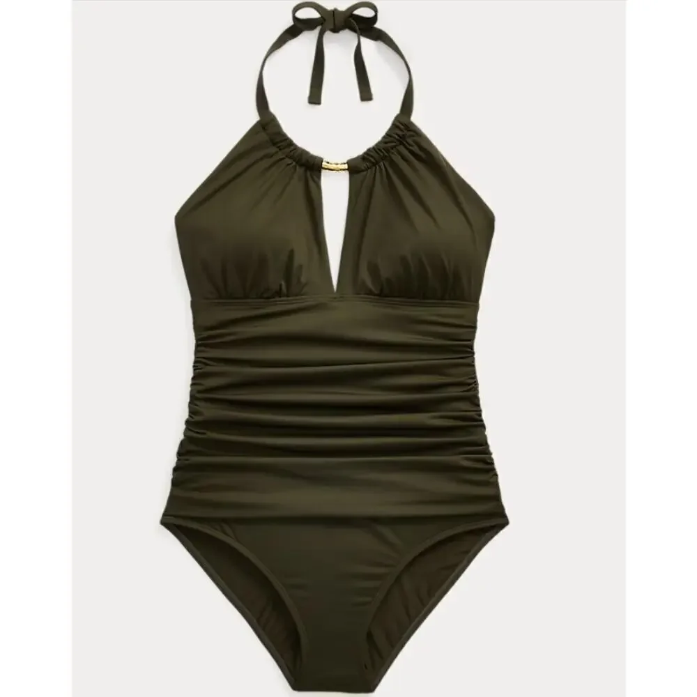Lauren Ralph Lauren High-Neck One-Piece Olive Green Ruched Women's 16